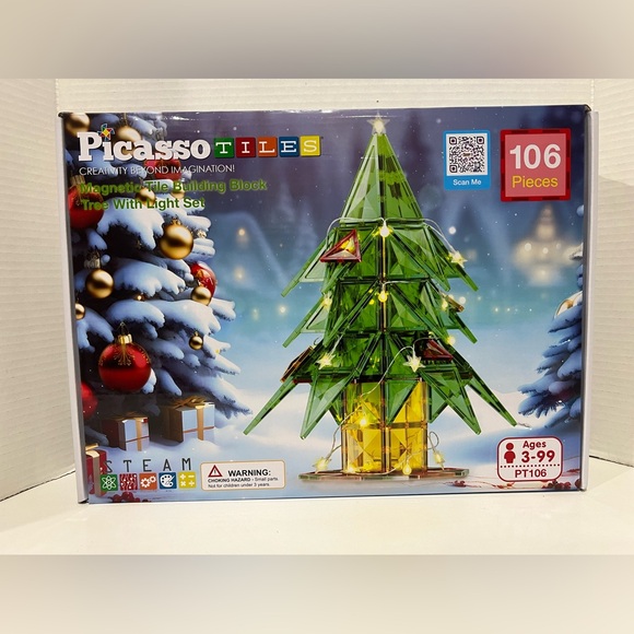 PicassoTiles 106 Piece Magnetic Tiles Light Up LED Christmas Tree Holiday Theme - Picture 1 of 3